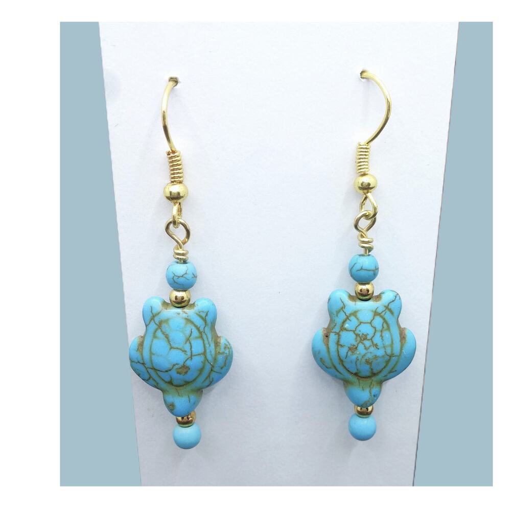 Artisan Blue Howlite Turtle Earrings Dangle Gold Tone Accents Sea Beach Life NEW